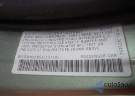 2003 Volkswagen Passat Glx from USA, damaged, VIN WVWWH63B53E137185